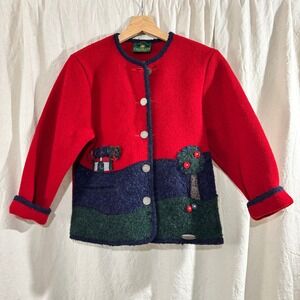 Vintage Giesswein Kids Red Boiled Wool Cardigan Jacket Austria Applique Size 10
